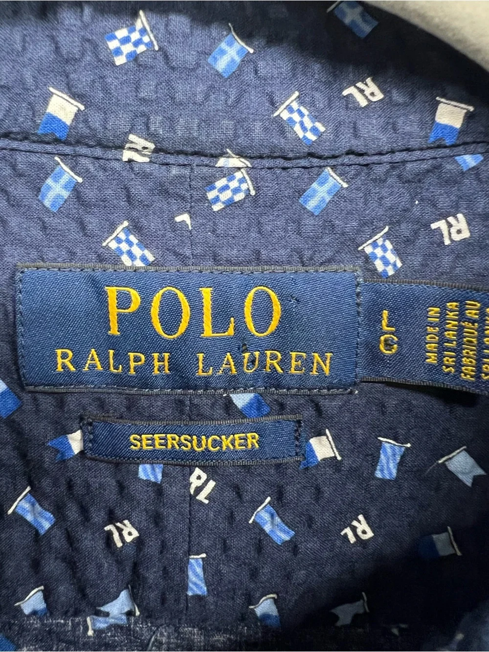 Polo Ralph Lauren Seersucker Short Sleeve Button Down Flag Print Shirt Large